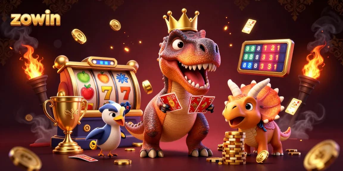 Zowin showcases a vibrant casino scene with a friendly T-Rex, pterodactyl, and triceratops playing slot games and stacking chips.