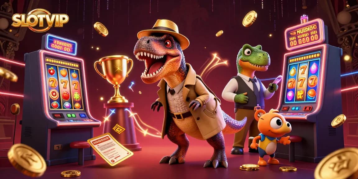 SLOTVIP velociraptor card counter interacts at a vibrant slot machine scene.