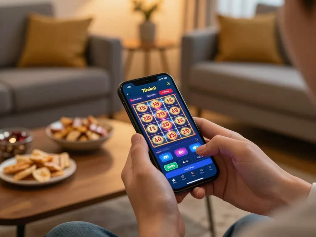 Engaging in mobile gambling with the 78wintl app, showcasing catchy slot game action in a cozy home setting.