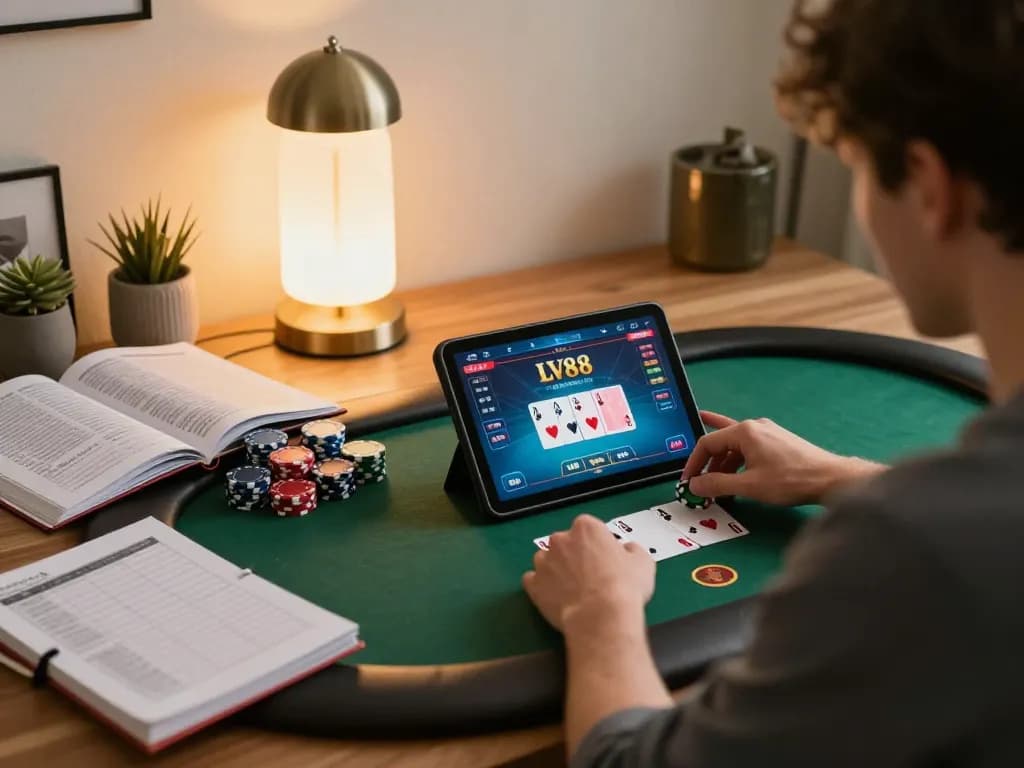 Player enjoying a strategic online poker game at home, focusing on LV88 gameplay on tablet with strategy notes