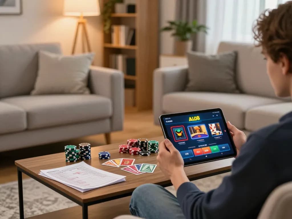 Engaging ALO8 online casino gaming scene with player using tablet while relaxing at home.
