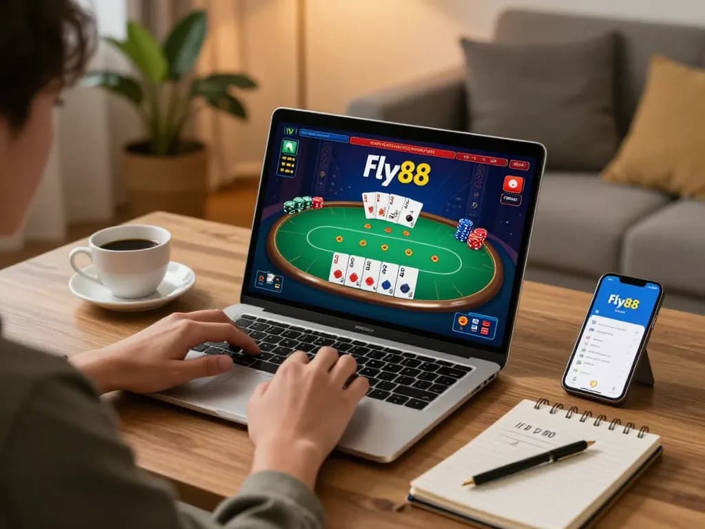 Engaging fly88 poker game setup at home with laptop and betting notes.