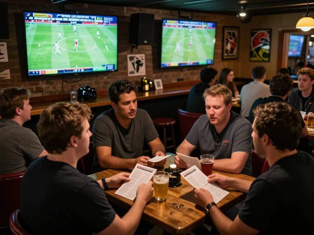 Engaged sports betters analyze kèo nhà cái while enjoying live football matches in a crowded bar