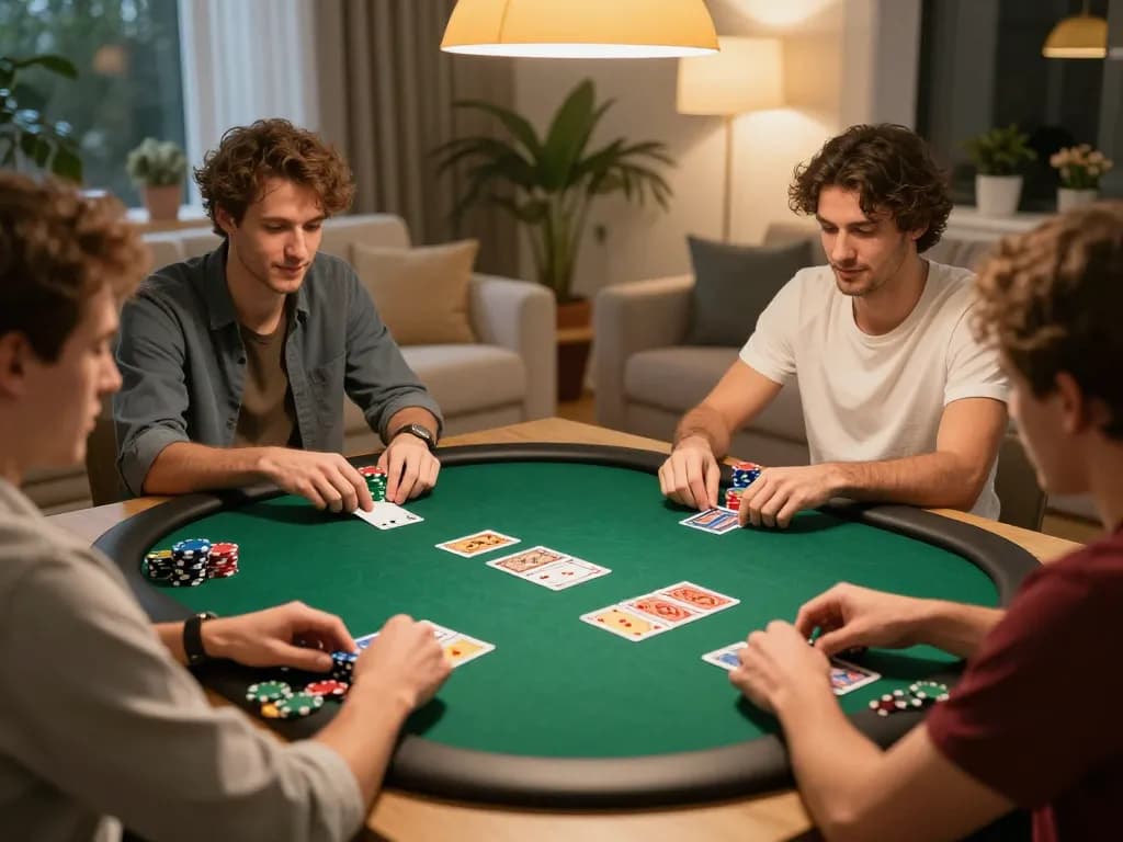 Engaging home poker night showcasing friends placing bets with colorful poker chips and cards, promoting บอล ออนไลน์ excitement.