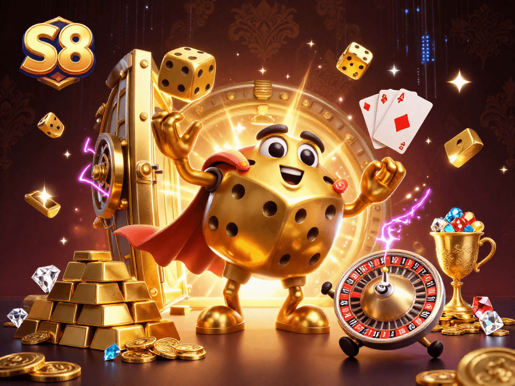 S8 elevates your gaming with vibrant visuals of golden dice and jewels in a thrilling casino scene.