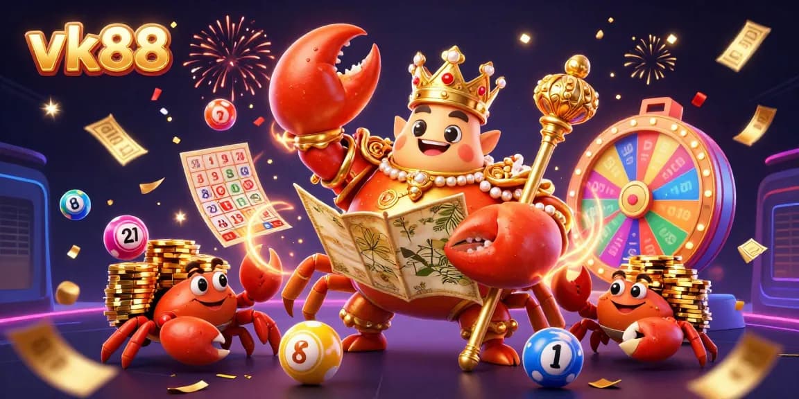 Engage with vk88 as the golden crab emperor oversees a vibrant casino world filled with lottery balls, chips, and prizes.