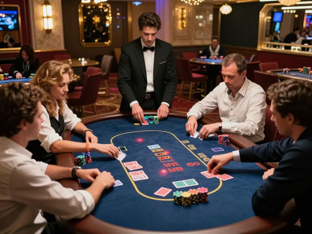 Players at a poker table thinking about can't login issues while playing in a vibrant casino atmosphere.