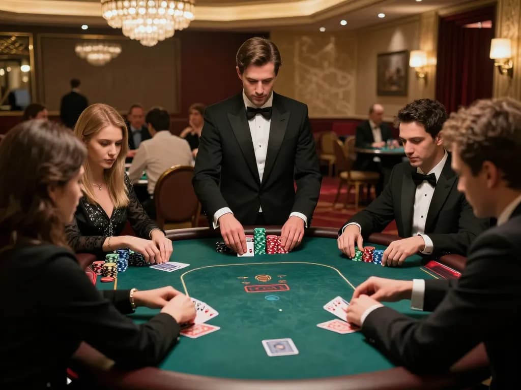 88CLUB players strategically placing bets at an upscale poker table in a luxury casino