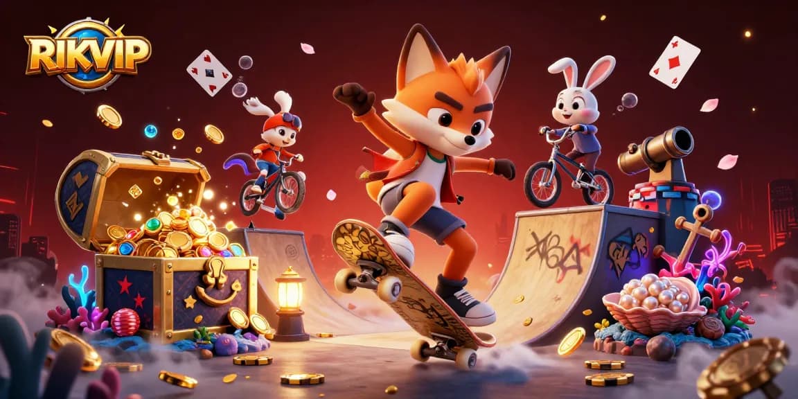 Join the excitement at RIKVIP with a vibrant 3D illustration featuring playful characters amidst casino-themed elements.