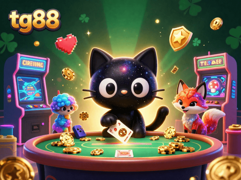 Watch tg88's cosmic cat engaging players and winning chips at a vibrant casino table.