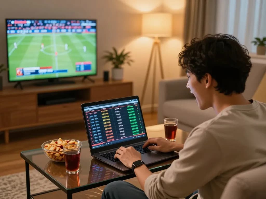 Engaging in sports betting at home via laptop on https://tt88n0hu.com/, celebrating an exciting match.