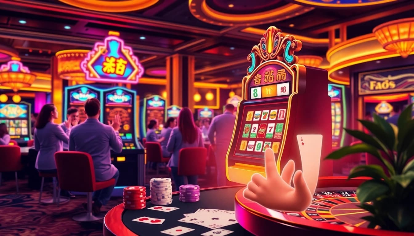Players enjoying nổ hũ slot machine experience in a vibrant casino atmosphere.