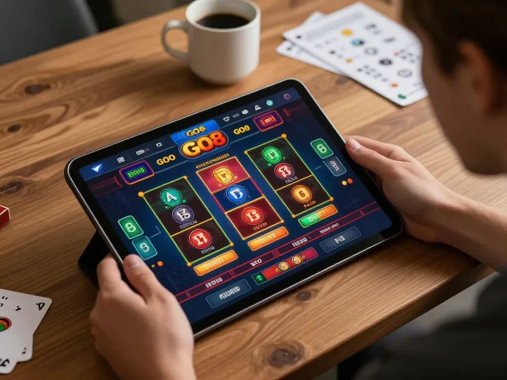 Person engaging with the GO8 app for exciting online gambling at home, showcasing immersive gameplay.