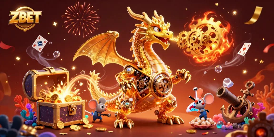 ZBET's vibrant casino scene featuring a golden dragon and festive gaming elements.