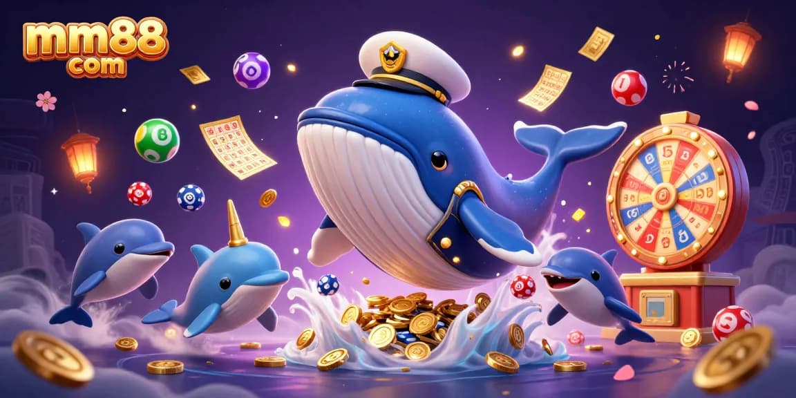 Experience thrilling wins at mm88 com with a vibrant casino scene featuring a whale and lively dolphins.