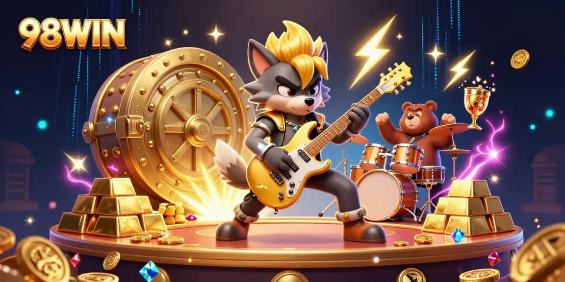 Experience exhilarating gameplay at 98WIN with vibrant 3D illustrations of casino excitement and gold treasures.