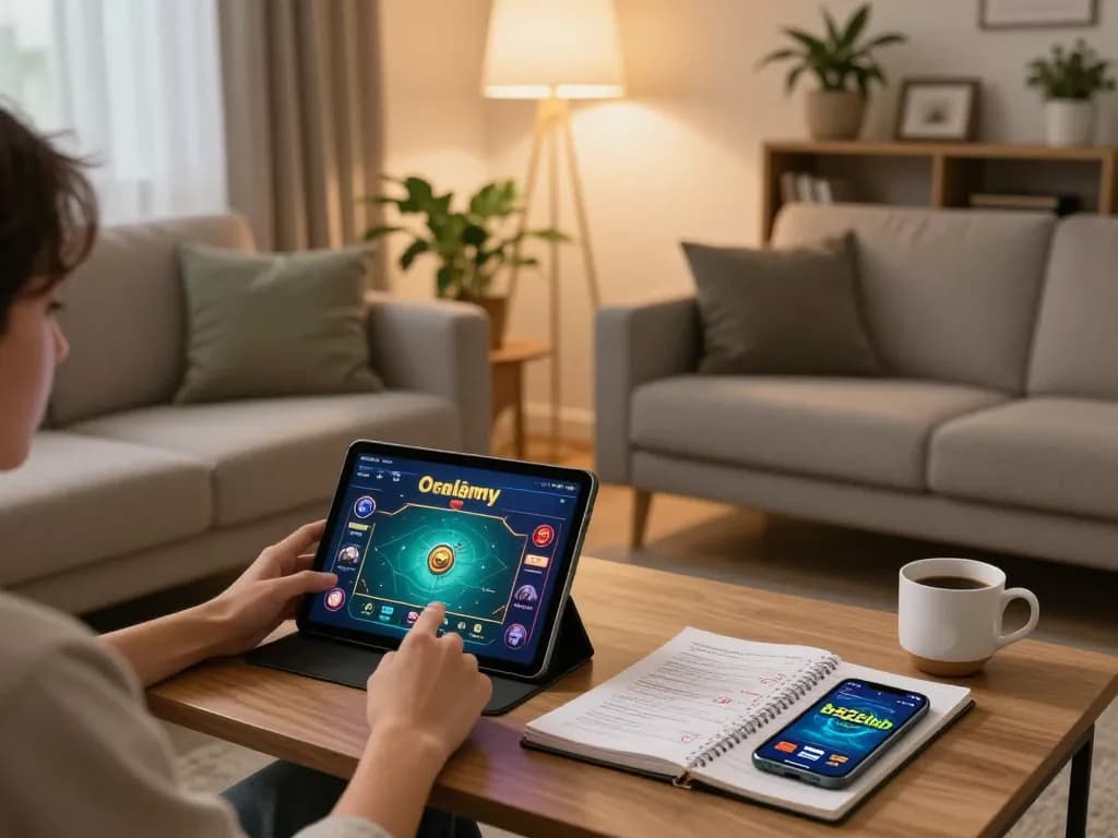 Player engaging with the b52club app on a tablet in a cozy home setting, with strategy notes on the table.