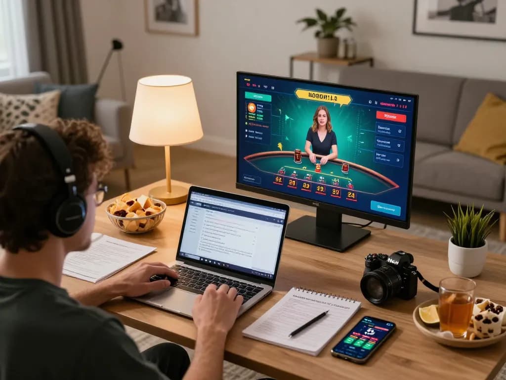 Playing blackjack online at https://c168marketing.com/ from a cozy home gaming setup with snacks and drinks.
