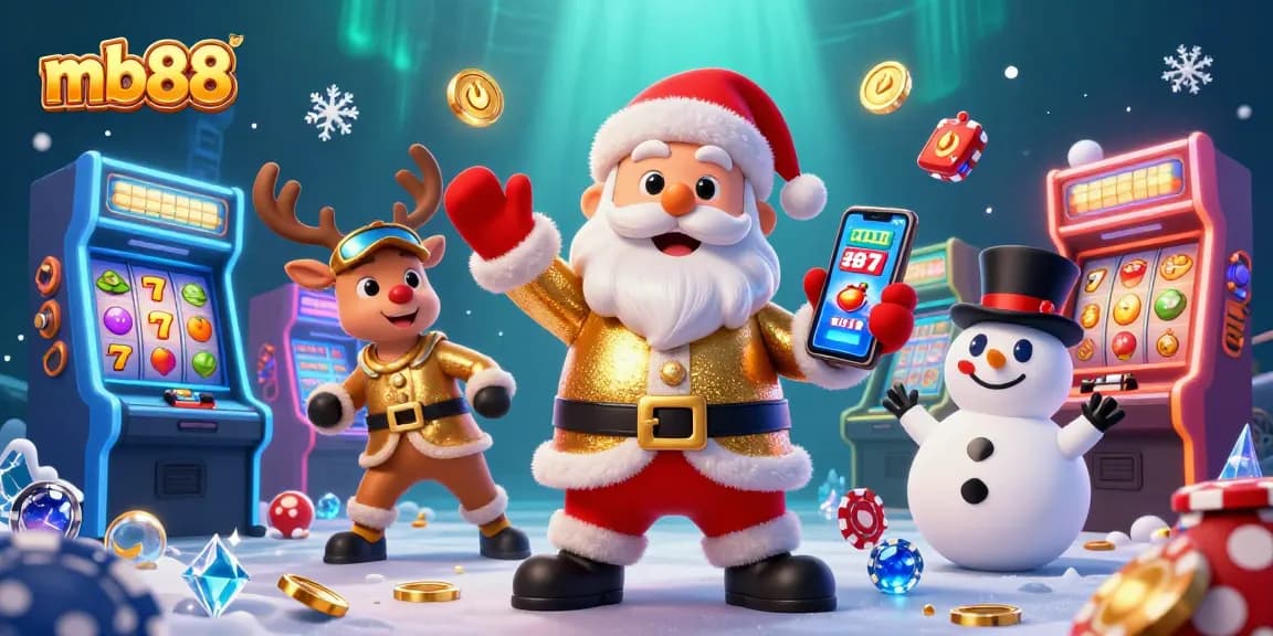 Spin and win at mb88 with Santa and friends in a festive 3D casino scene.