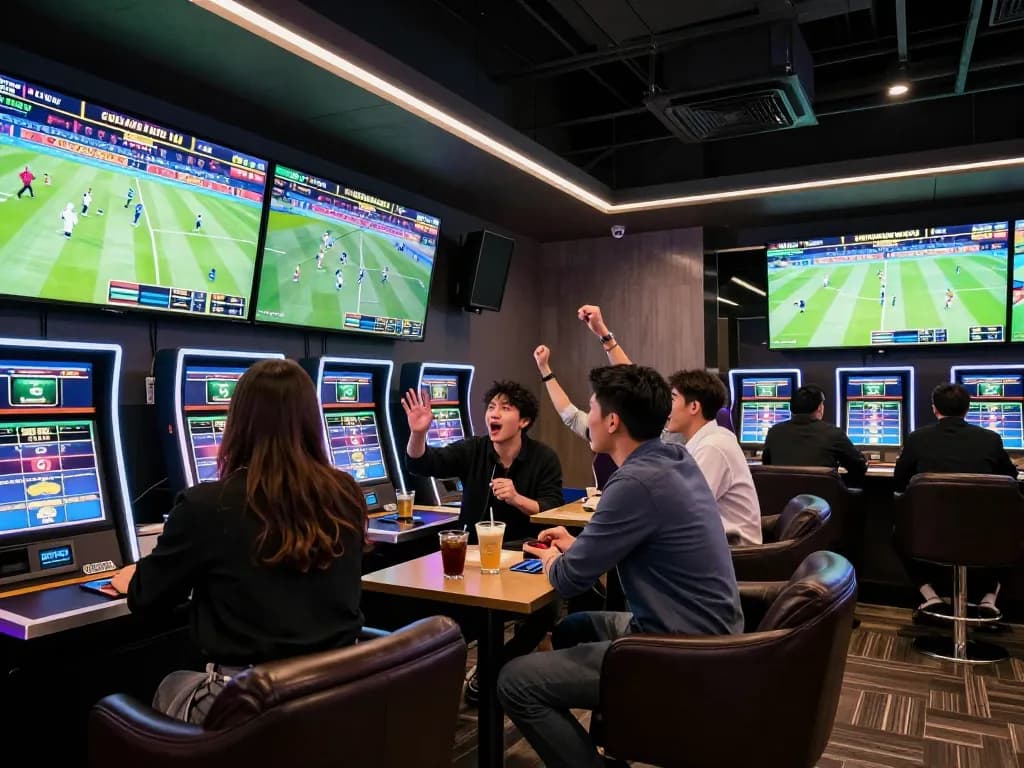 Exciting sports betting atmosphere at hoiquantv247 lounge with patrons placing live bets.