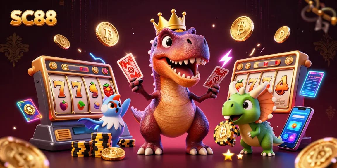 Engage with SC88's thrilling jackpot slots, featuring dynamic characters and vibrant casino elements in a captivating scene.