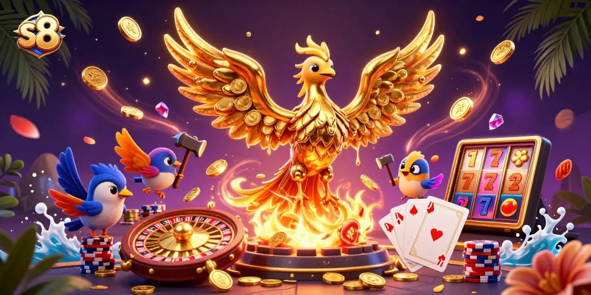Experience winning at S8 with a dynamic scene of a golden phoenix and casino elements.