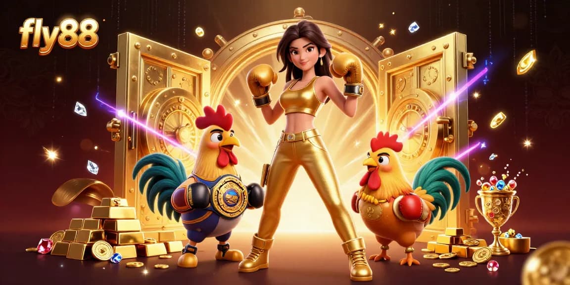 Join the fun at fly88, where a stylish champion and a boxing rooster celebrate wealth and excitement!
