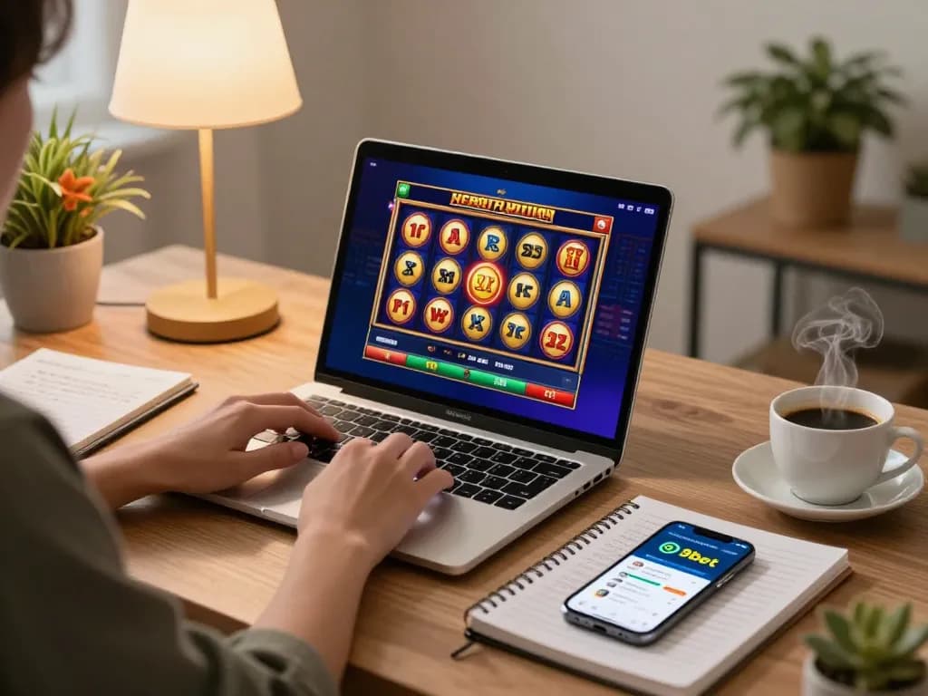 Engaging gameplay on 9bet casino app with a cozy home setup.