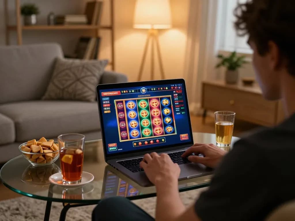 Sun win gameplay on laptop in a cozy living room, engaging casino visuals with snacks around