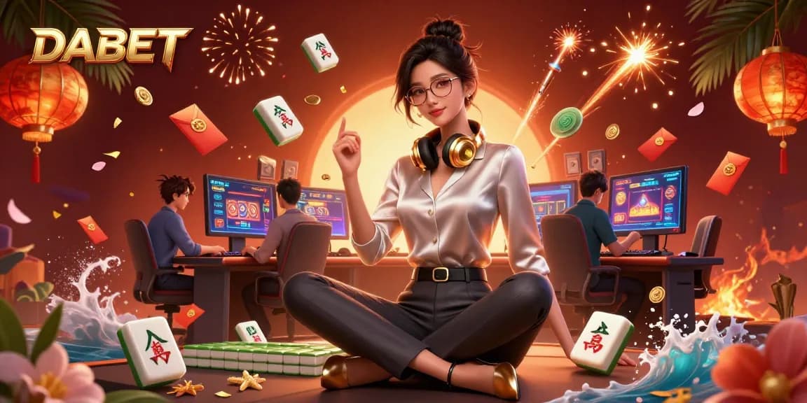 DABET offers an exciting gaming experience with an elegant Asian woman enjoying casino games at a high-tech setup.