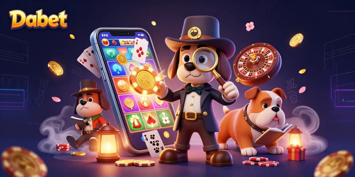 Dabet showcases a playful scene with a detective bloodhound examining casino clues amidst dynamic gaming elements.