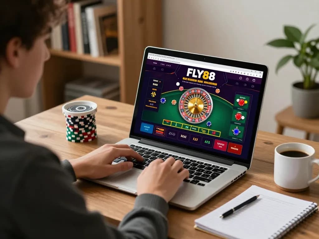 Player engaging in online roulette at FLY88, highlighting a responsible gaming environment with strategy notes.