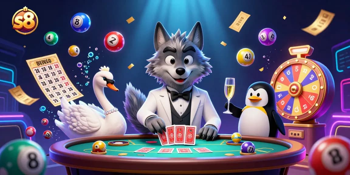 Experience the vibrant world of s8 with a cartoon wolf, swan, and penguin at a captivating baccarat table surrounded by gaming elements.