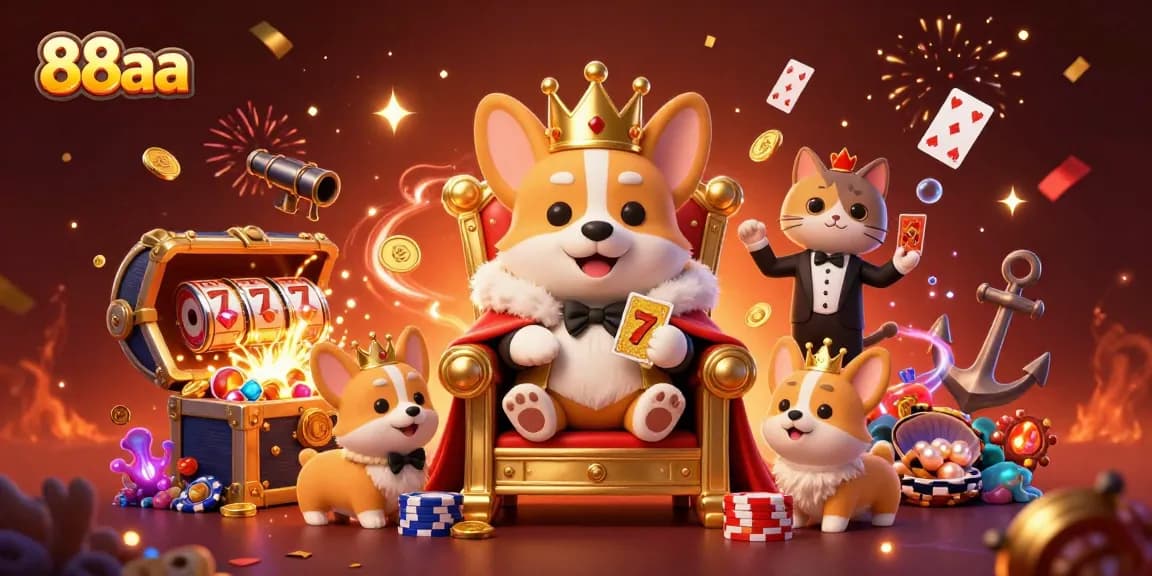 Experience thrilling gaming at 88aa with a lively illustration featuring a royal corgi and a dazzling casino setting.