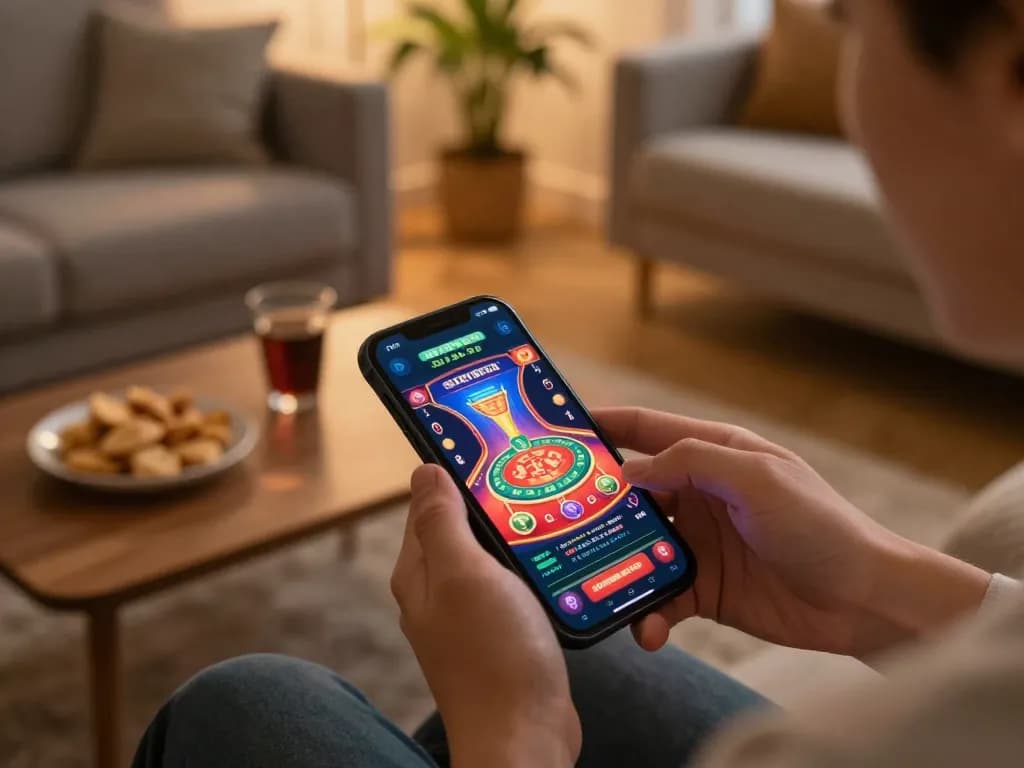 Excited player enjoying mobile casino gaming experience with go86vn app on smartphone in a cozy setting.