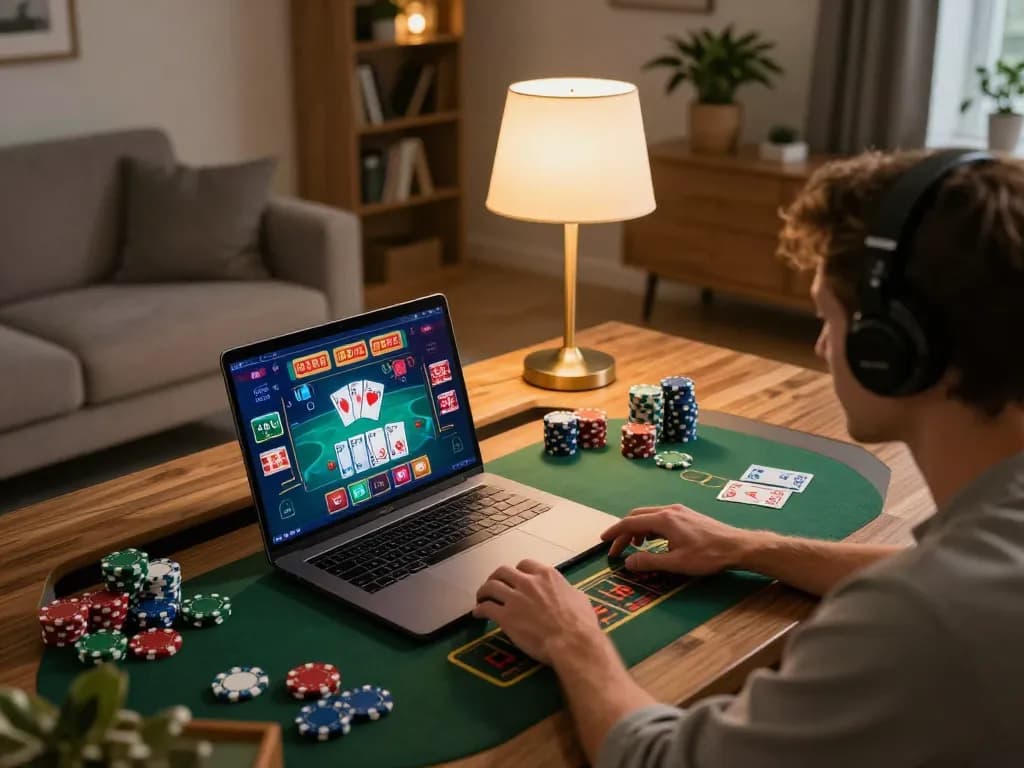 Using laptop for online gambling at https://mm88.fun/ in a cozy living room setup