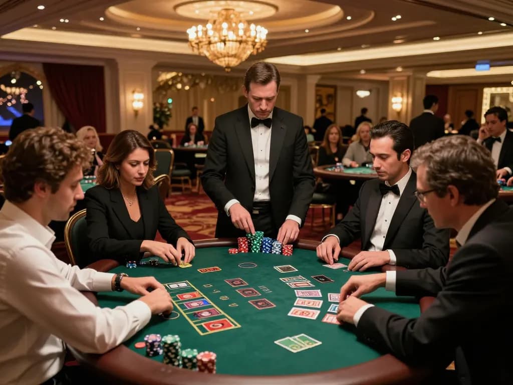 Players engaged in blackjack gameplay at 888NOW's elegant casino venue, showcasing strategic moments and luxury.