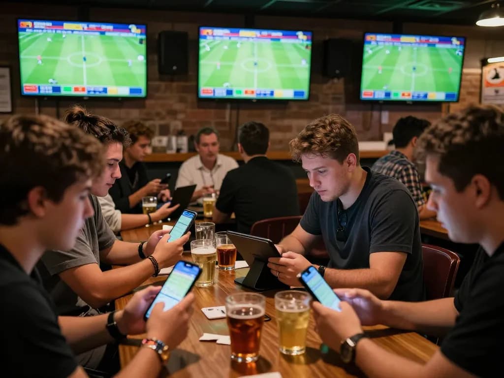 Engaged bettors placing live kèo bóng đá bets in an exciting sports bar atmosphere