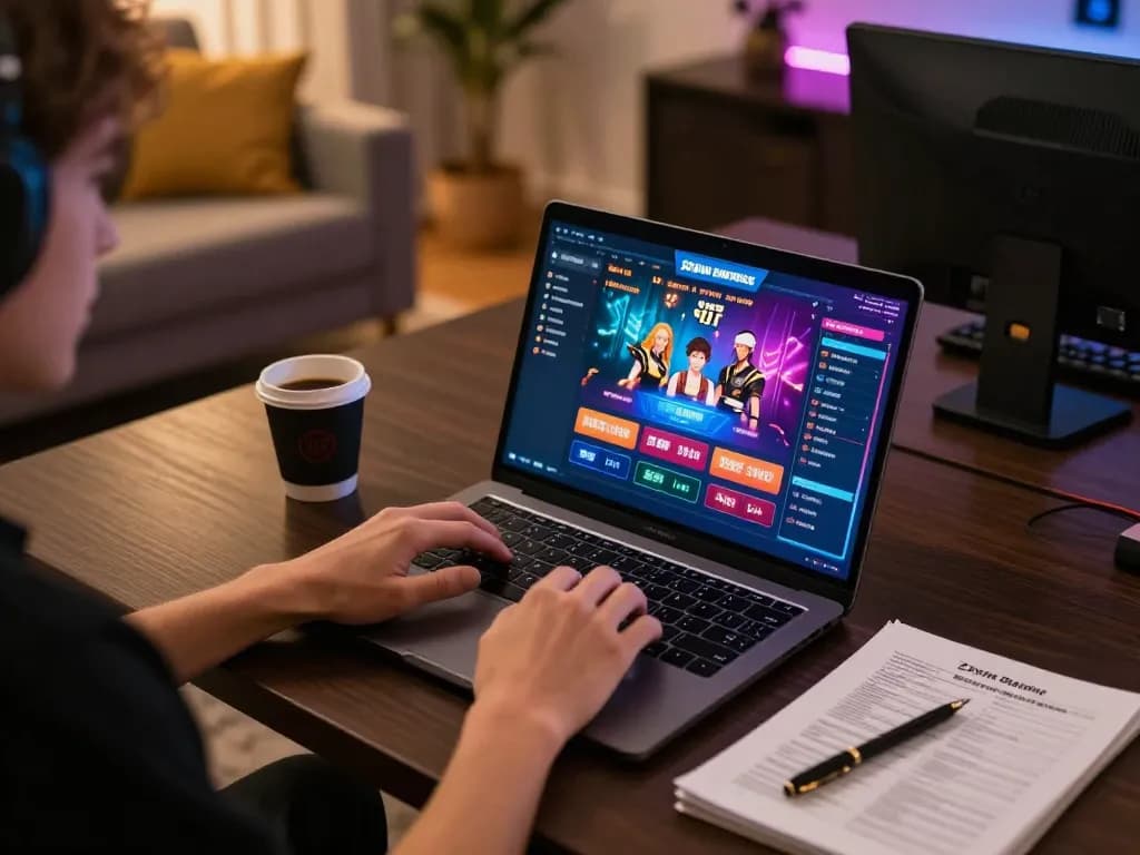 Player engaging with 23win casino games on a laptop in a comfortable home setting.
