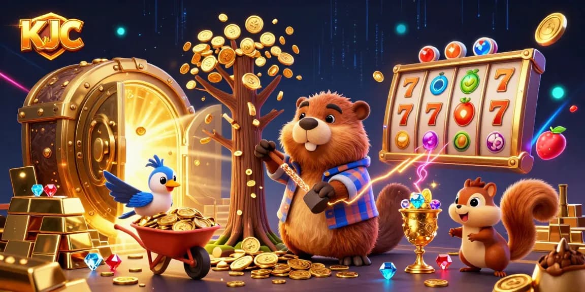 KJC captivates players in an engaging casino scene filled with gold coins, jackpot symbols, and playful characters.