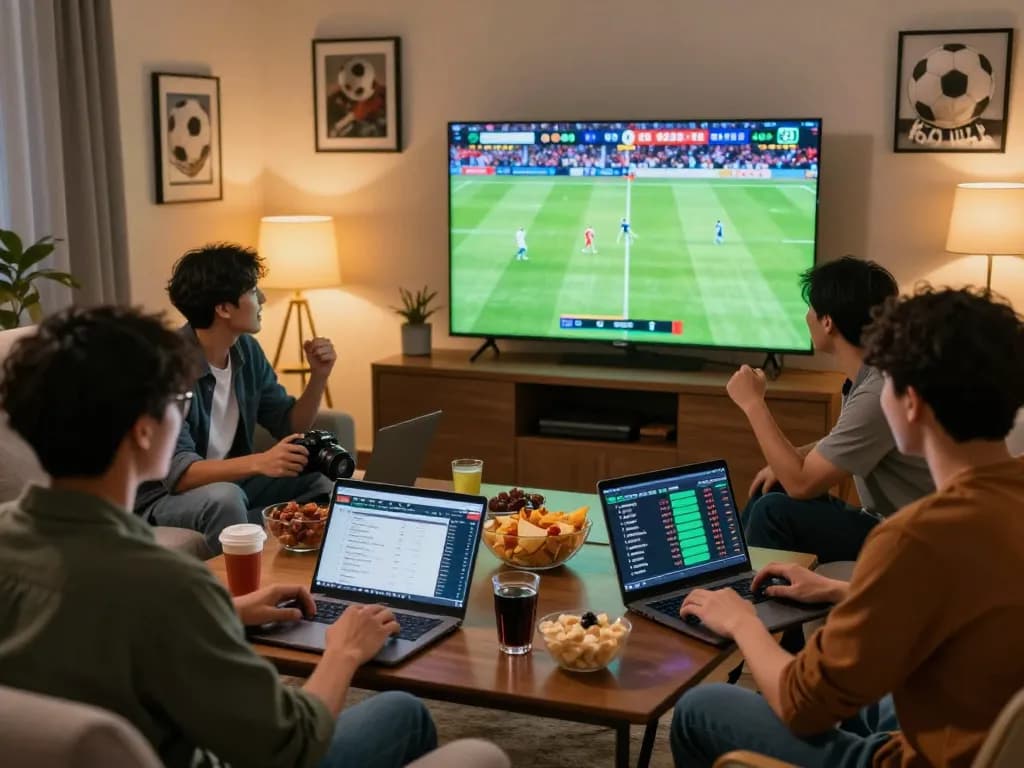 Friends enjoying football matches and kèo nhà cái betting in a lively living room.