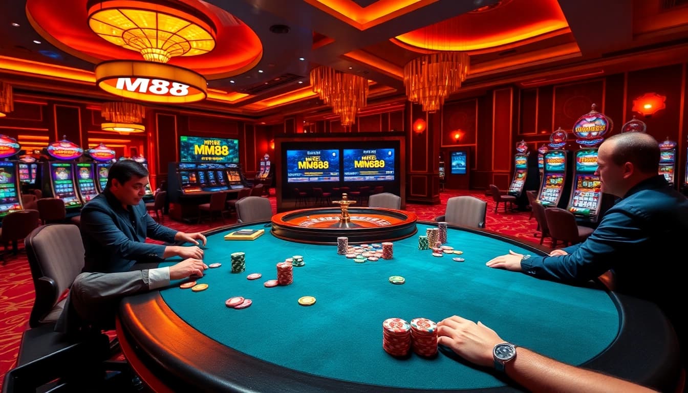 Experience MM88's casino excitement at a luxurious poker table amidst thrilling gameplay.