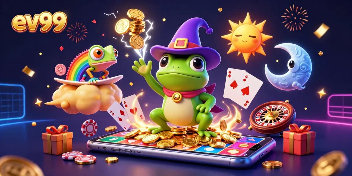 ev99 engages players in a vibrant 3D casino with golden coins, slot games, and dynamic action.