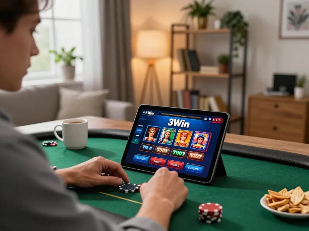 A player engaging with the 3Win online casino interface on a tablet at home, demonstrating modern gambling experiences.