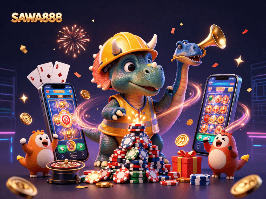 Experience the excitement of SAWA888 with a vibrant illustration of a triceratops and friends celebrating casino winnings.