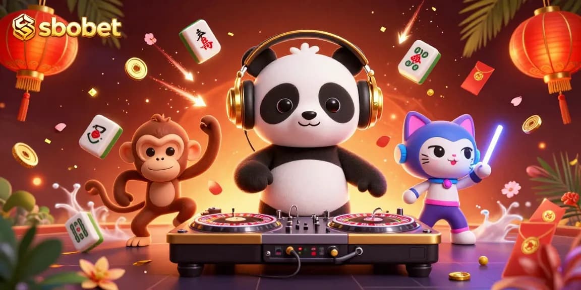 Engage in sbobet betting excitement with a vibrant 3D casino illustration of a DJ panda and lively characters.