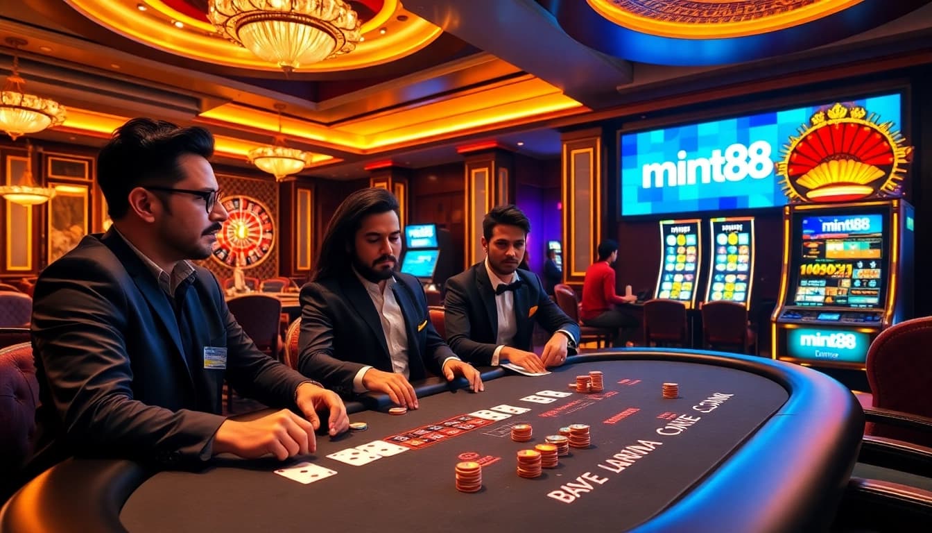 Players engage at the mint88 poker table, surrounded by vibrant casino excitement.