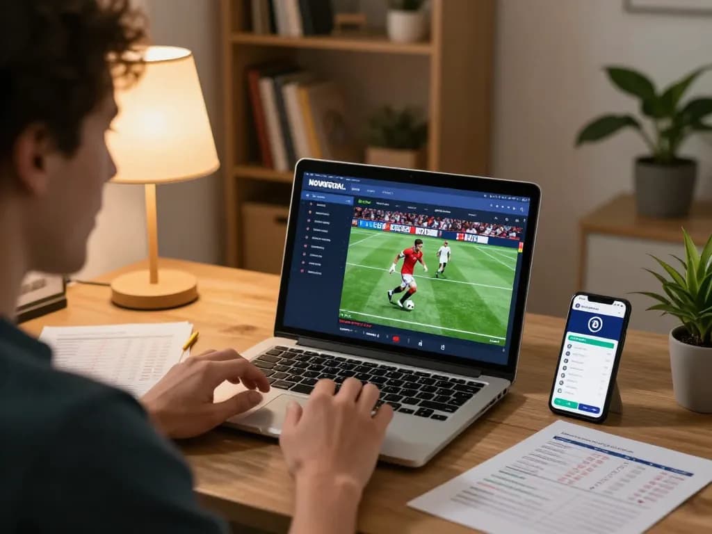 Engaging with NOWGOAL for live football betting strategies in a cozy home office.