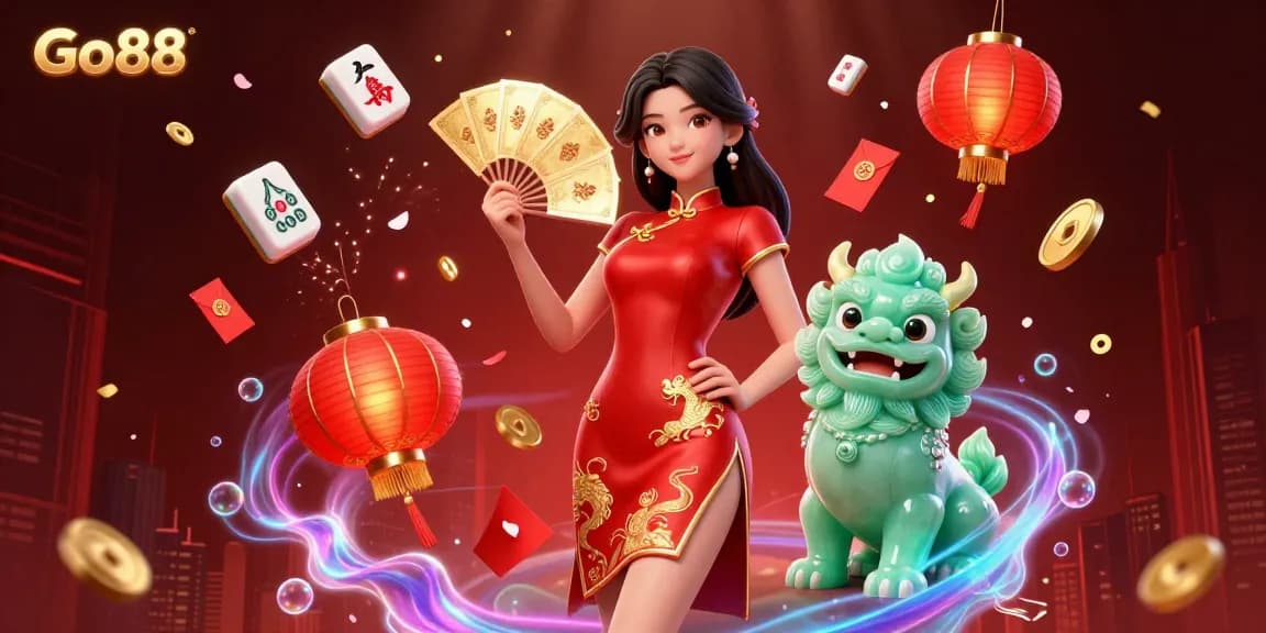 Experience Go88's vibrant gaming atmosphere with a captivating scene featuring traditional elements and digital excitement.