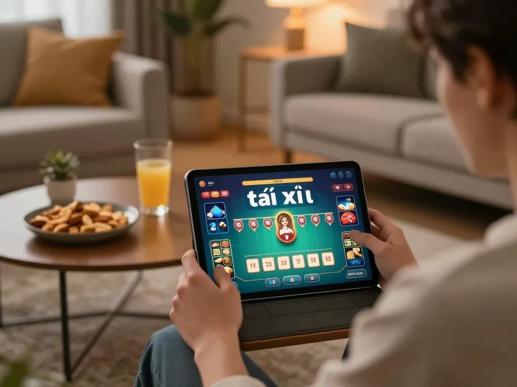 Engaging in strategic game tài xỉu online with tablet, cozy home setup and snacks.